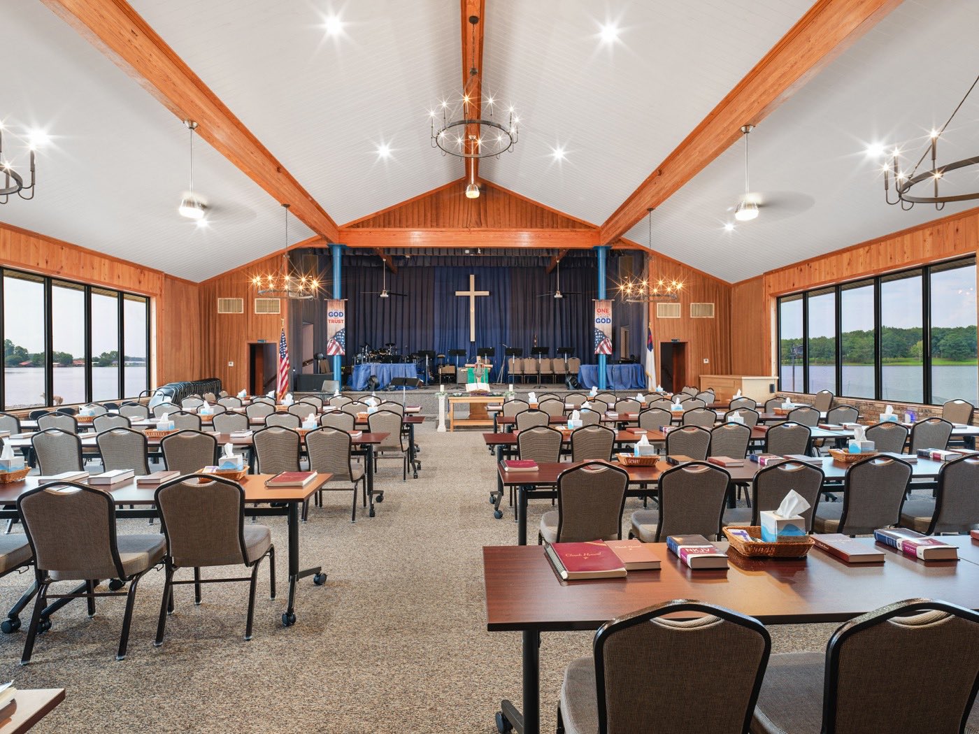 Lake Eddins Community Church sanctuary with tongue and groove ceiling