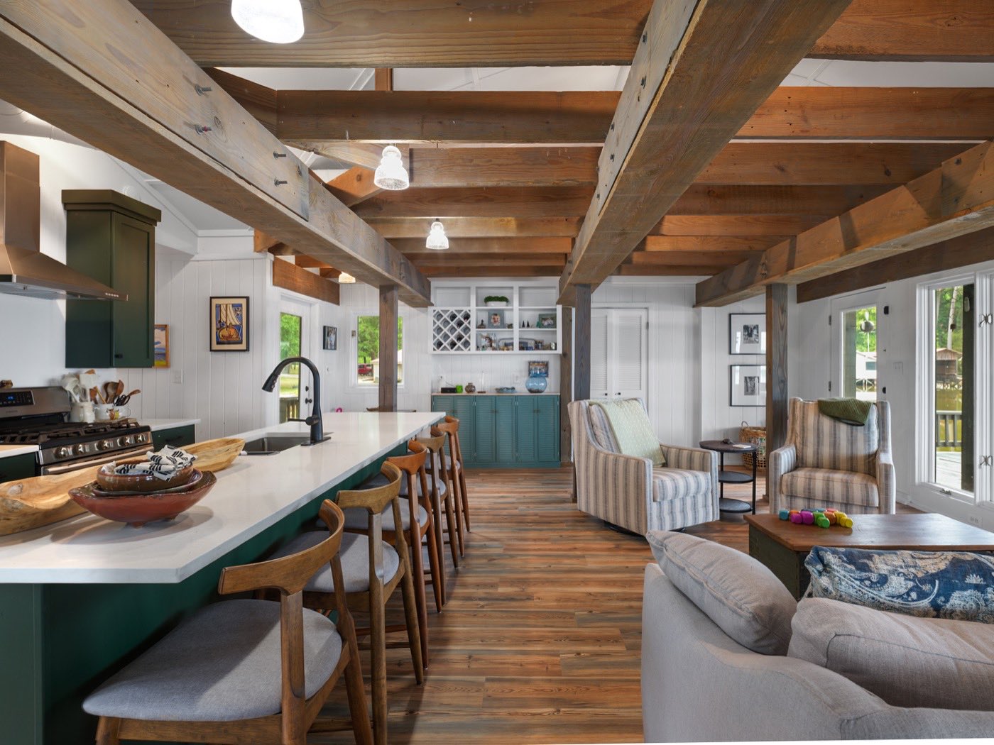 Living space remodel with lake-house finishes